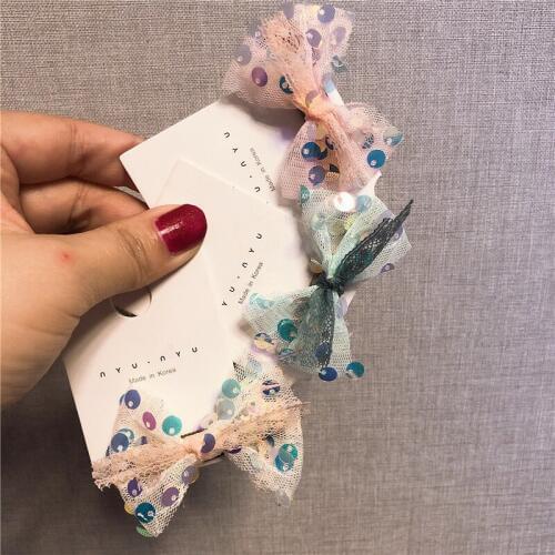 Cute Baby Lace Bow Handmade Hair Clip Mesh Sequins Hair Ropes Elastic Rubber Bands Girls Hair Pins Kid Hair Accessories Headwear