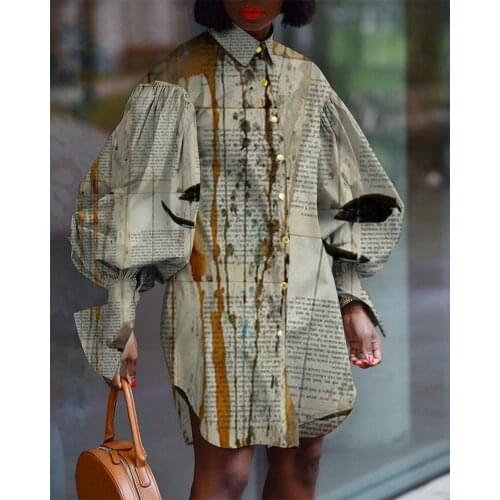 RMSFE 2021 Fashion Soft Vintage Street Shoot Commuter Puffy Sleeve Lapel Single Breasted Loose Make Old Print Shirt-style Dress