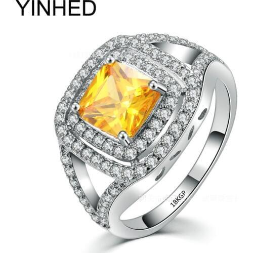 YINHED New Trendy Rings Stamped 18KGP Luxury Yellow Cubic Zirconia CZ Stones Wedding Engagement Rings for Women Jewelry ZR387