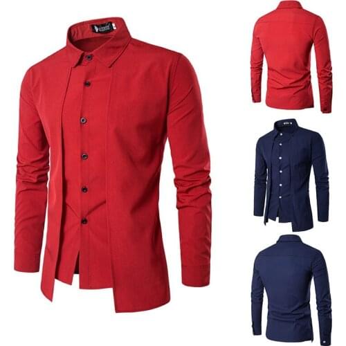 2020 Men Spring Autumn Long Sleeve Button Down Slit Fit Formal Business Dress Shirt White Black Red Blue