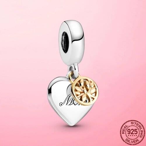 New 925 Sterling Silver Two-tone Family Tree Heart Dangle Charm fit Pandola Bracelet 2021 DIY fine Jewelry Mothers Day Gift hot