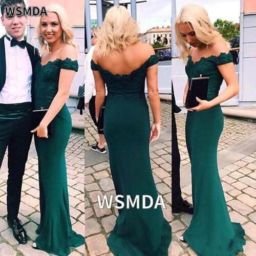 New Hunter Green Mermaid Bridesmaid Dresses Sexy Backless Off Shoulder Prom Dress Wedding Guest Party Gowns