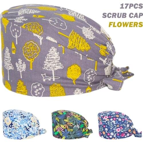 Wholesale Scrub Cap Cotton Flowers Printing Adjustable Nursing Caps Beauty Salon Pet Shop Working Accessories Scrubs Hats Women