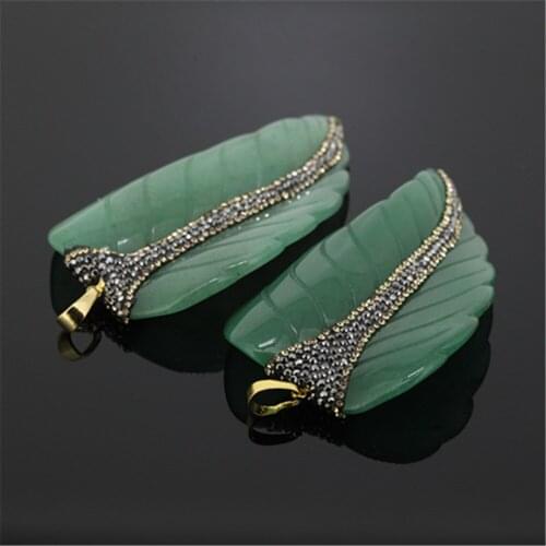 5pcs natural green onyx leaf shape pendant charm gem stone quartz pave rhinestones pendant for neckalce/earring DIY jewelry 2020