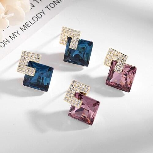 Simple temperament New Blue Crystal Earrings 925 silver needle square geometric Earrings foreign party Earrings