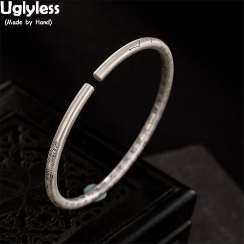 Uglyless Real 99% Silver Adjustable Solid Bangles for Buddhists Unisex Heart Sutra Round Bangles Buddhism Gifts Neutral Jewelry