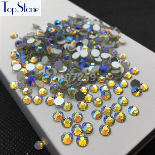 TopStone Jonquil Yellow AB Color ss3-ss30 Round Glass Crystal Flatbacks Nail Art 3D Stones Glue On Non Hotfix Rhinestones