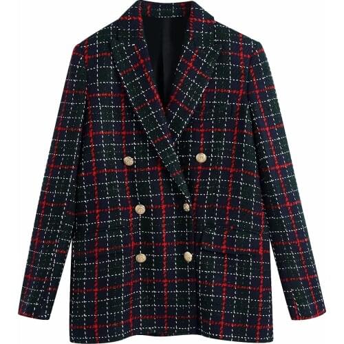 ZA Women Fashion Double Breasted Tweed Check Blazers Coat Vintage Female Outerwear And High Waist Skirts 2-piece Set