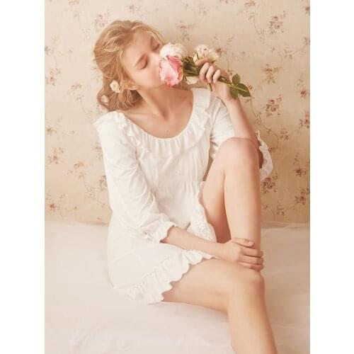 Free Shipping 2019 New Summer Princess Style Womens Long Nightgown High Quality Modal Pink and White Sleepwear Vintage Pijamas