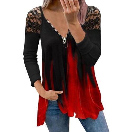 Womens New Gradient Printing Lace Blouse Sexy Fashion Zipper Hollow Out Blouse Long-sleeved Casual Top Рубашка Женская #G2