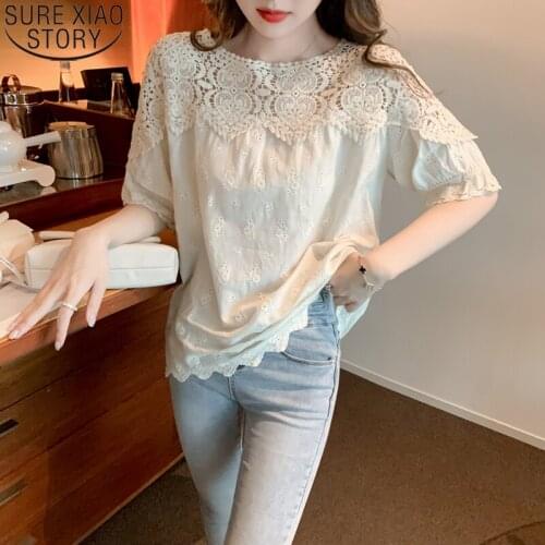 2021 Summer Sweet Beige Blouse Women Lace Shirt Hook Flower Hollow Out Tops Korean Chic Loose Clothes O-neck Casual Blusas 14612