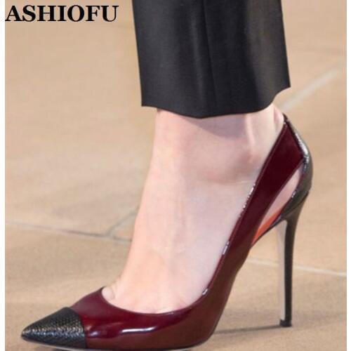 ASHIOFU Handmade Women High Heel Pumps Patchwork Leather Slip Party Prom Shoes Large Size Evening Fashion Pumps Court Shoes