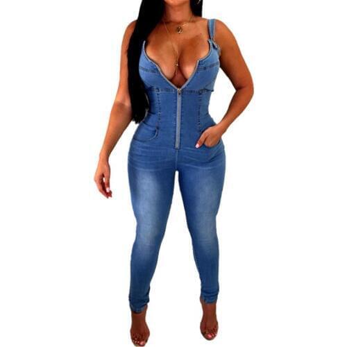 2019 Sexy Club V Spaghetti Strap Denim Jeans Jumpsuit Women Long Pants Sleeveless Backless Zipper Pocket Blue Jumpsuits Overalls