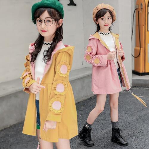 Girls Fashion Flowers Spliced Trench Coat Spring Fall Children Cute Applique Hooded Jacket Kids Students Casual Windbreaker P121
