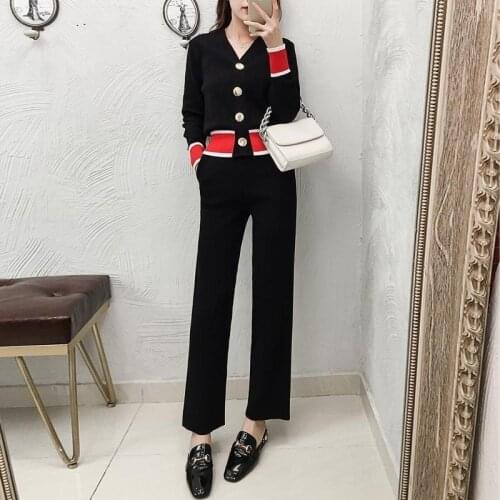 Spring Autumn Long Sleeve Knit Set Women Elegant Hit Color V-neck Cardigan Sweater Top and Wide Leg Pants Two Piece Set Y469