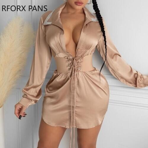 Women Studded Button Front Long Sleeve Satin Shirt Dress Party Dress Sexy Dress for Women