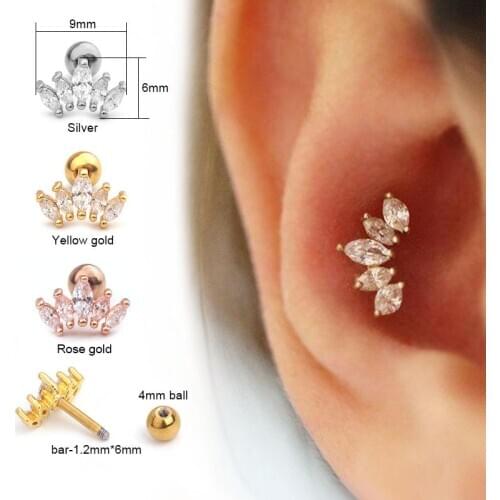 1PC Crown Cz Curved Cartilage Piercing Jewelry 16G/20G Stainless Steel Helix Earring Tragus Rook Conch Screw Back Stud