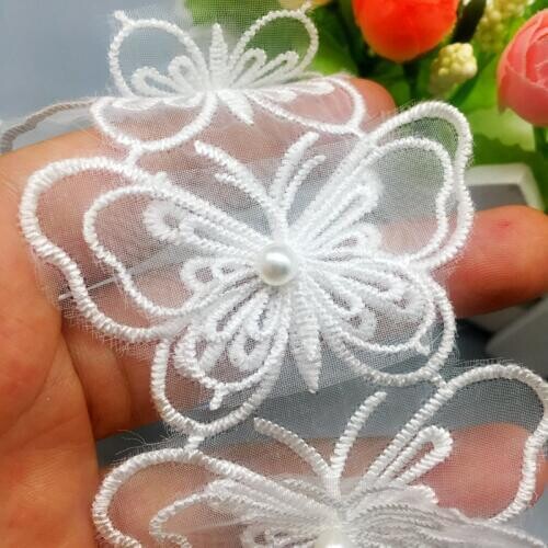 20pcs Vintage Butterfly Organza Pearl Lace Trim Applique s Trimmings Beaded Ribbon Sewing Craft for Wedding Dress Veil Decor