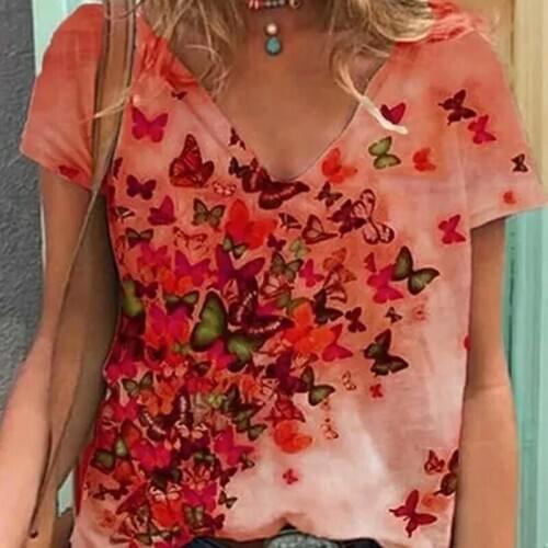 2021 Fashion Casual Graphic Harajuku Butterfly Print T-shirt for Women V-neck Short Sleeve Y2K Tee Top Lady Print Animal Tshirt