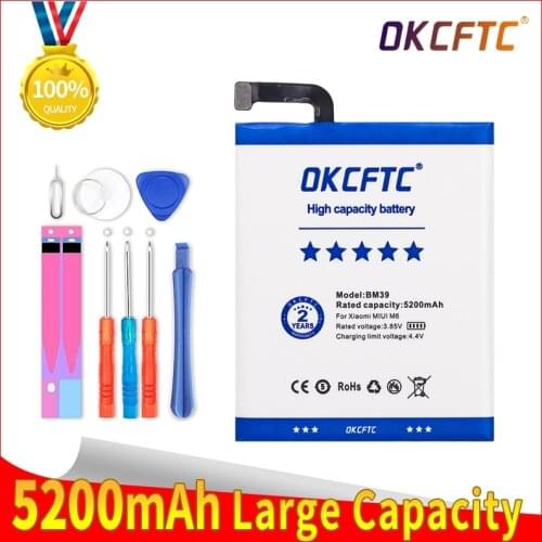OKCFTC Original Phone Battery BM39 For Xiaomi Mi 6 Mi6 5200mAh High Capacity Replacement Battery Free Tools Retail Package