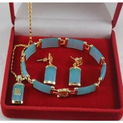 Free Shipping Jewelry Blue jade pendant necklace bracelet earrings Set>> watch wholesale Quartz jade CZ crystal