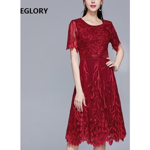 4XL Dress Vestidos De Fiesta 2020 Summer Women O-Neck Allover Luxurious Embroidery Short Sleeve Wine Red Green Dress 50s 60s