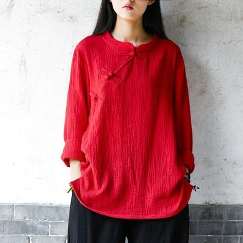 Women Spring Summer Cotton Linen Solid Color Blouse Ladies Vintage Chinese Style Shirt Tops Female Blouse