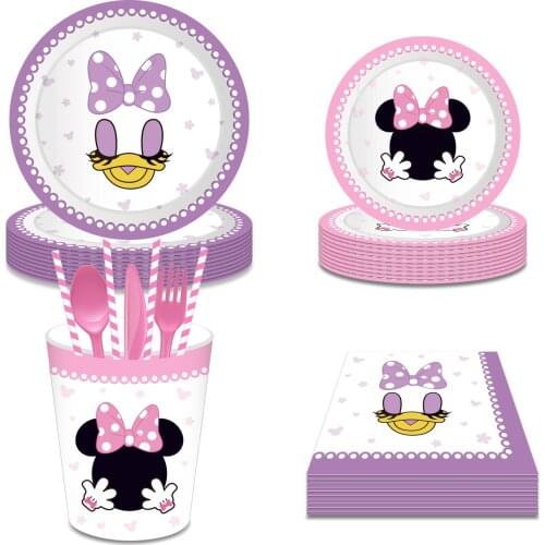 Baby Shower Cute Pink Cartoon Mini Mouse Birthday Theme Disposable Tableware Sets Happy Birthday Party Decoration with Balloons