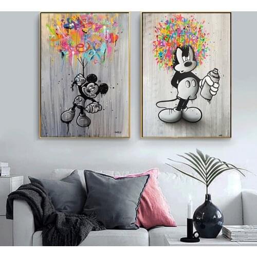 Disney Cartoon Mickey Mouse Graffiti Art Canvas Paintings Poster Print Black White Pictures Wall Art for Bedroom Home Decoration