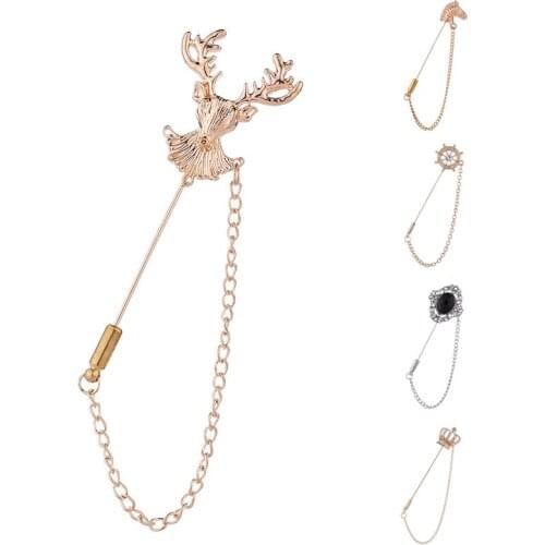 Korean Crystal Crown Brooch Rhinestone Animal Long Needle Chain Pins Mens Suit Corsage Fashion Jewelry Colthing Accessories