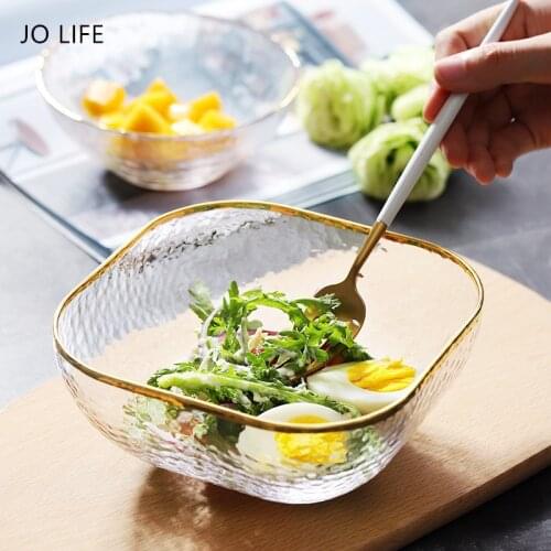 JO LIFE 1PC Dinnerware Snack Fruit Salad Dish Seasoning Sauce Salt Gold Rim Crystal Transparent Glass Bowl