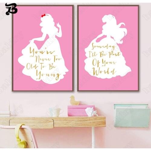 Canvas Painting Princess Pink Silhouette Wall Art Cartoon Posters and Prints Wall Pictures for Baby Girls Bedroom Home Decor
