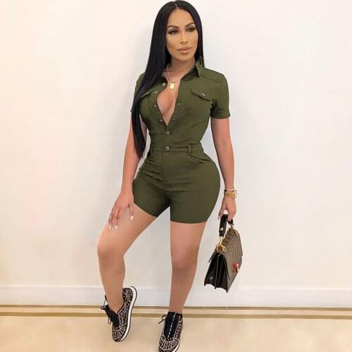 Streetwear Solid Playsuit Women Jumpsuit Shorts Turn Down Collar Short Sleeve Skinny Rompers Festival Clothing One Piece Outfits