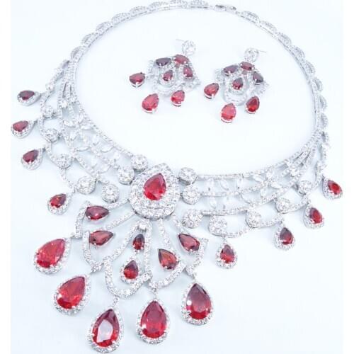 2020 NEW FASHION Retro romantic pink red blue water drop zircon necklace earring set,wedding bride party dress banquet jewelry