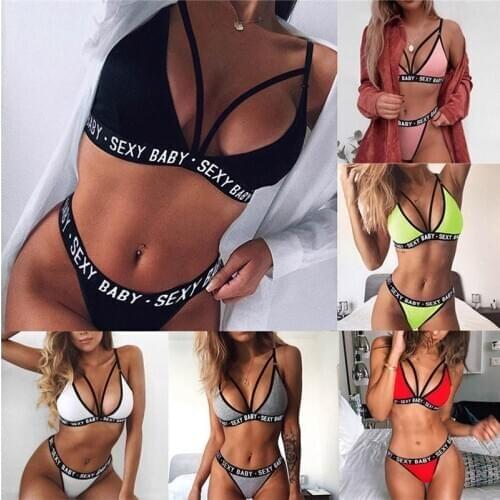 Fashion Women Letter Solid Patchwork Sexy Lingerie Underwear G-String Set Lingerie Sexy Bra Set Bras Women Push Up Brief Sets