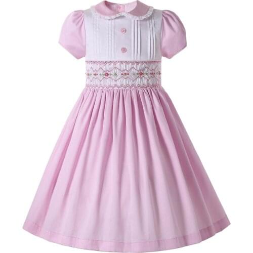 Pettigirl Summer Outifits Hand Smocked Dresses For Girls Cotton Knee-Length Smocked dress with Embroidery