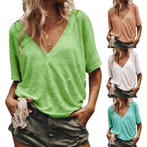 Summer Women T Shirt Plus Size Solid Color V Neck Short Sleeve T-Shirt Loose Basic Top