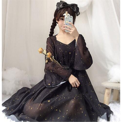 Cute Sweet Lolita Cosplay Outfit Chiffon Cardigan Dress Anime Summer Princess Doll Clothing Kawaii Girls Japanese Black White