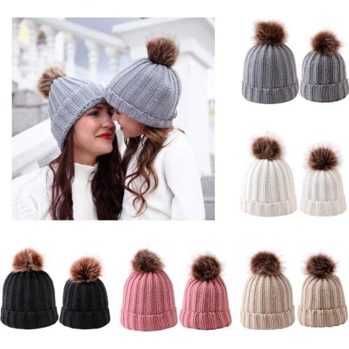 Mommy Baby Winter Hat Set Boy Girls Double Ribbed Knit Thick Pom Pom Beanie Cap