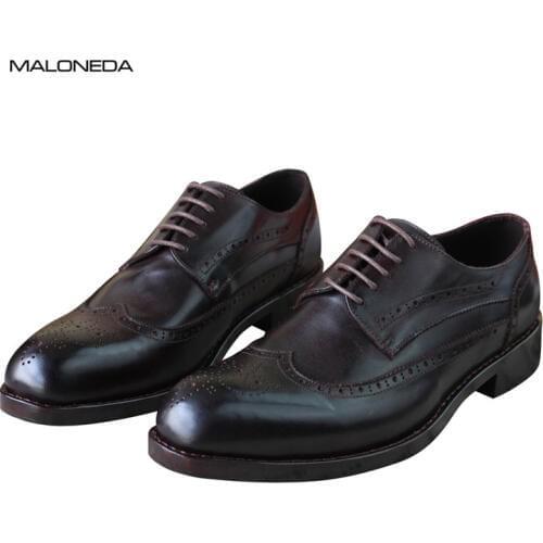 MALONEDA Pure Handmade Mens Dress Derby Shoes Genuine Leather Italian Style Lace up Brogue Shoes with Goodyear Welted