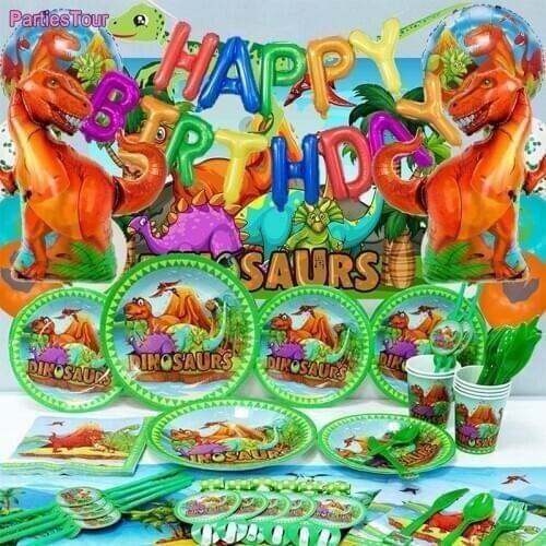Dino Party Disposable Tableware Happy Brithday Banner Balloons Paper Straws Candy Bags Boy Jungle Dinosaur Birthday Party Decor