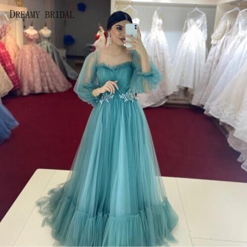 Puffy Long Sleeves Celebrity Dresses Pleated Floral Appliques Ruffles Tulle Red Carpet Gowns Princess Robe