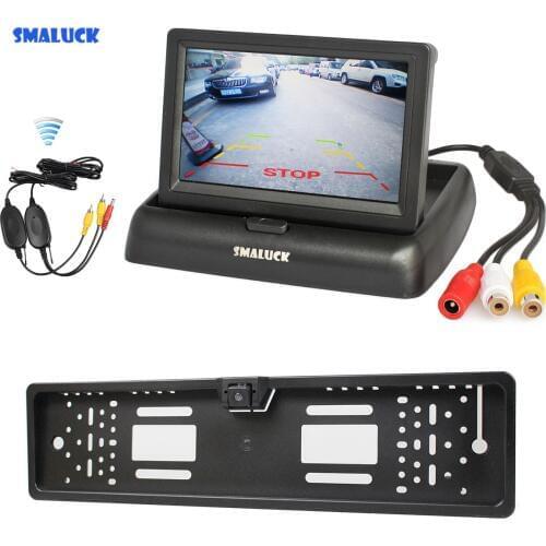 SMALUCK Wireless Foldable 4.3inch LCD Display Car Monitor + Waterproof European Car License Plate Frame Rear View Backup Camera