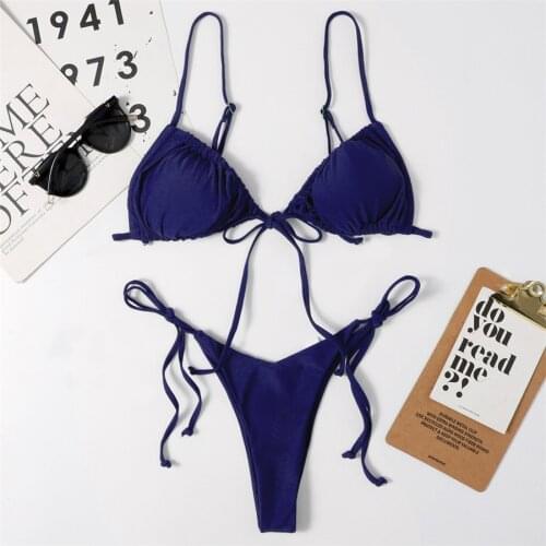 Sexy Bikini 2021 New Solid Pleated Swimwear Women Swimsuit Mini Thong Bikini Set Frenulum Bathing Suit Women Brazilian Beachwear