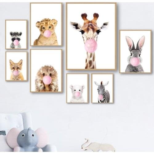 Blowing Gum Rabbit Elephant Giraffe Lion Fox Llama Nursery Wall Art Print Canvas Painting Nordic Poster Decor Pictures Baby Room