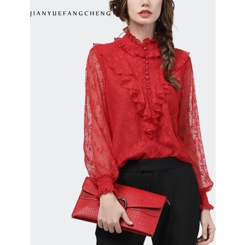 Temperament Red Lace Blouse Women Long Sleeve Fashion All-Match Hollow Out Beaded Ruffles Tops 2021 Spring Ladies Office Blouses