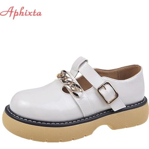 Aphixta 2021 New Buckle Leather Women Flats Bling Chain Loafers Waterproof Round Toe Flat With Students Shoes