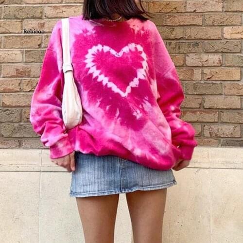 Heart Printed Aesthetic Casual Women Sweatshirts 90s Longslive Female Streetwear Tie Dye Oversize Pullovers