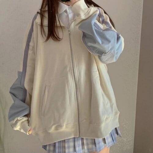 Korean style splicing jacket Autumn winter women vintage casual preppy style sweet long-sleeved cardigan Oversize outerwear