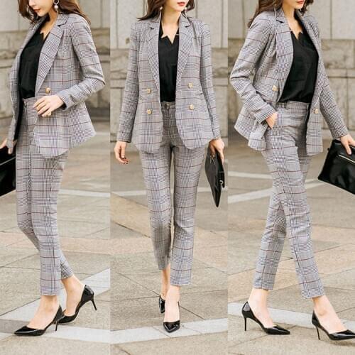 2018 Women Double Breast Blazer Suits Office Lady Sets Two-piece Work Set Long Sleeve Plaid Suit Jacket & Straight Pant Outfits